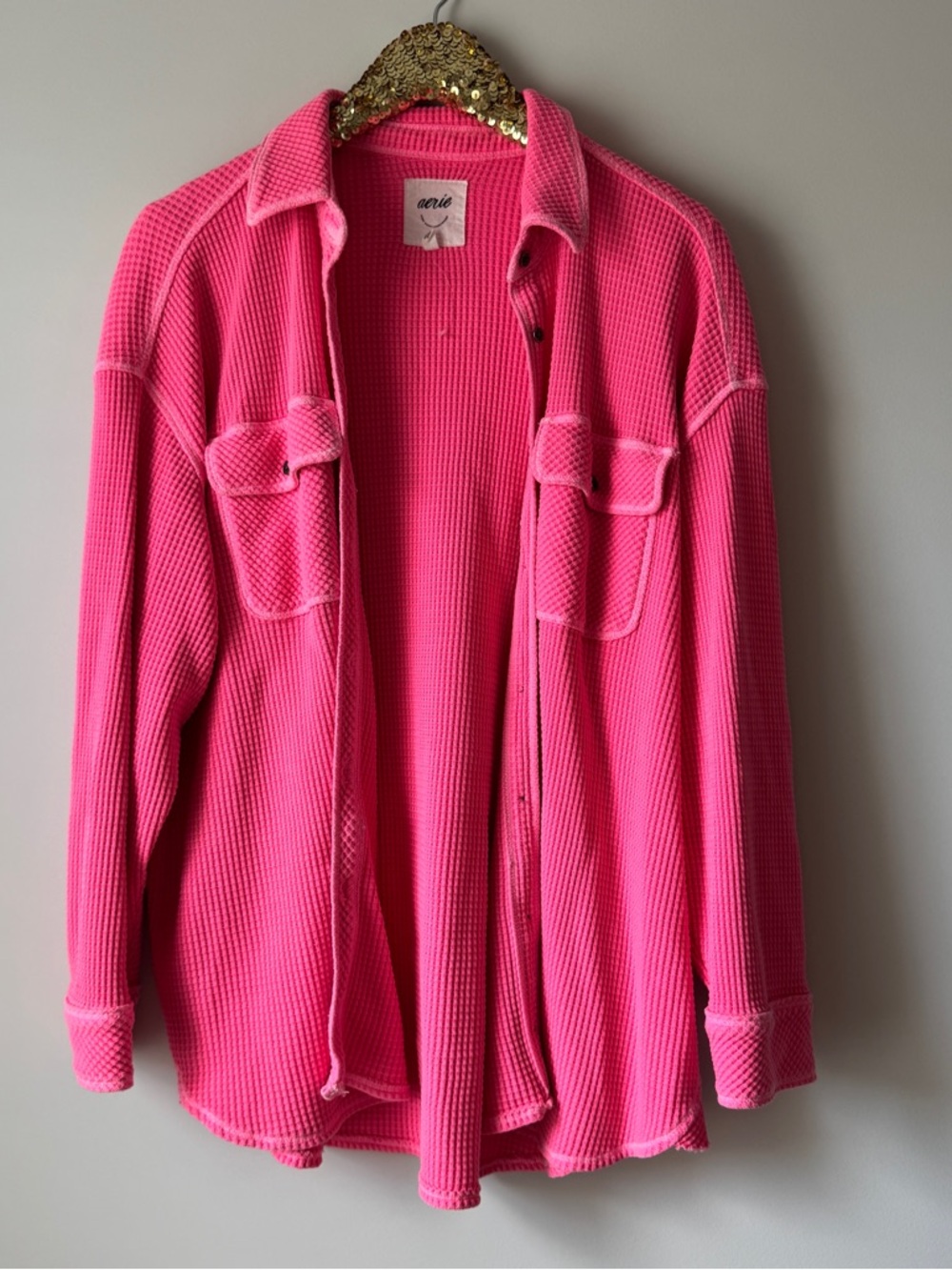 aerie Hot Pink Waffle Knit Shirt Jacket